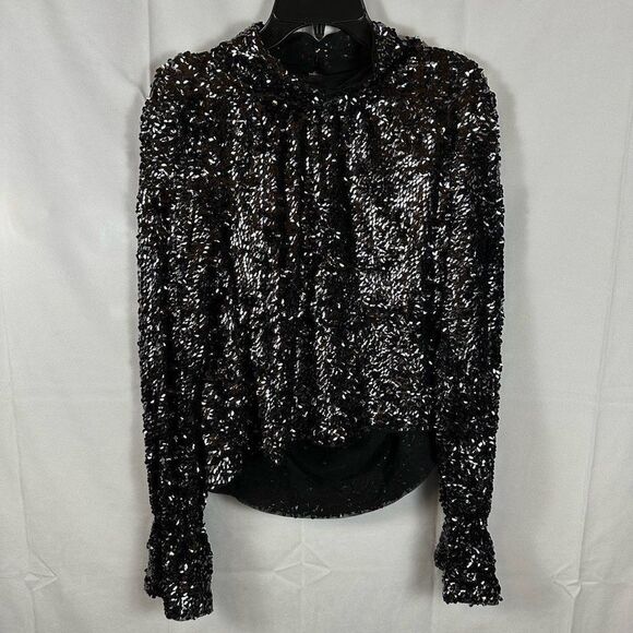 Free People Open Back Black Sequin Mockneck Lined Shirt Top Bell Sleeve XS NWT - Picture 5 of 11